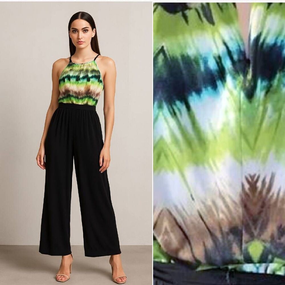 Emma & Michelle Green Black Tie Dye Halter Top Wide Leg Belted Jumpsuit Large